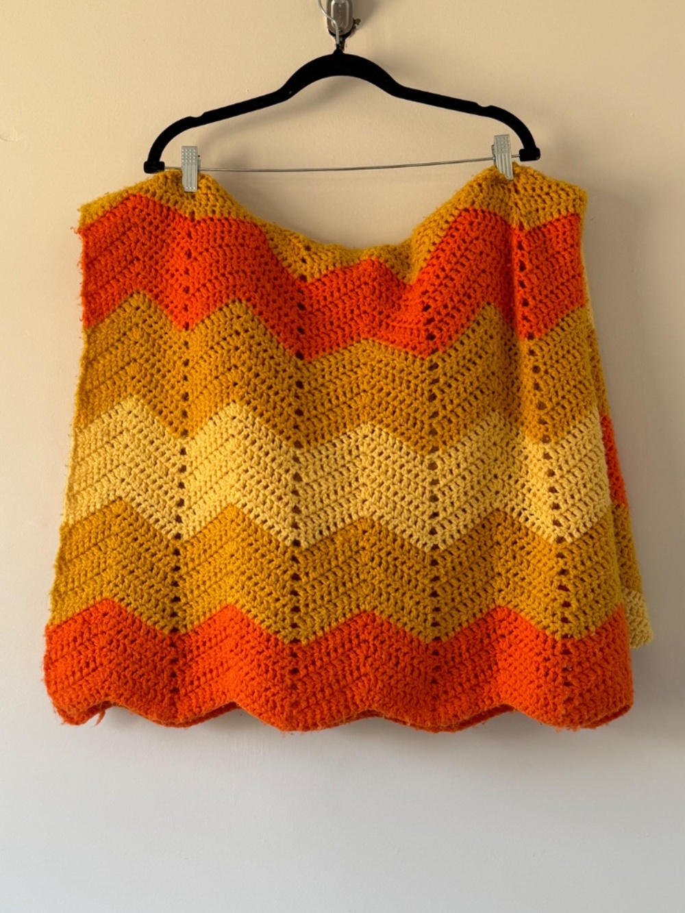 49x84" Handmade Yellow Orange Chevron Vintage Knit Blanket MCM Home Decor